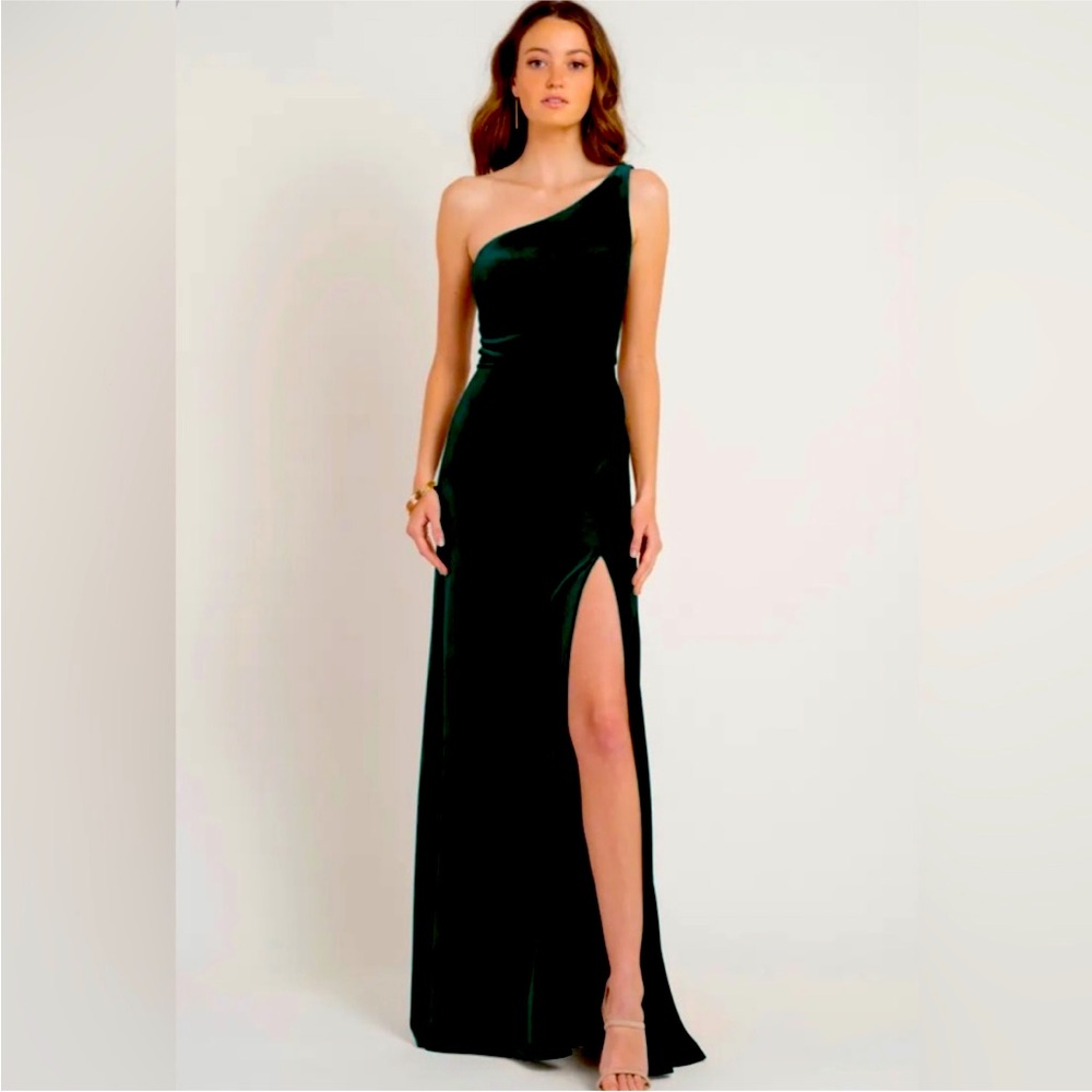 Jenny Yoo Emerald Green Cybill One Shoulder Velvet Gown (Size 0)